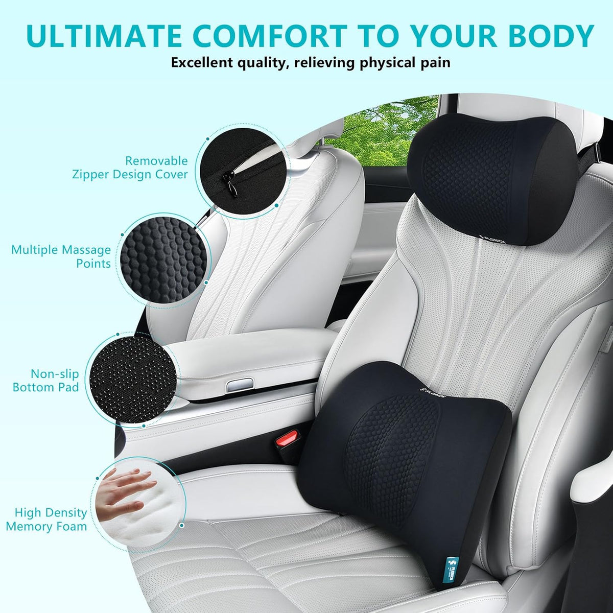 FLORICH Lumbar Support with Car headrest Back Pillow for Chair Headrest Pillow with Gel Memory Foam Massage Point Lumbar Support (Black)