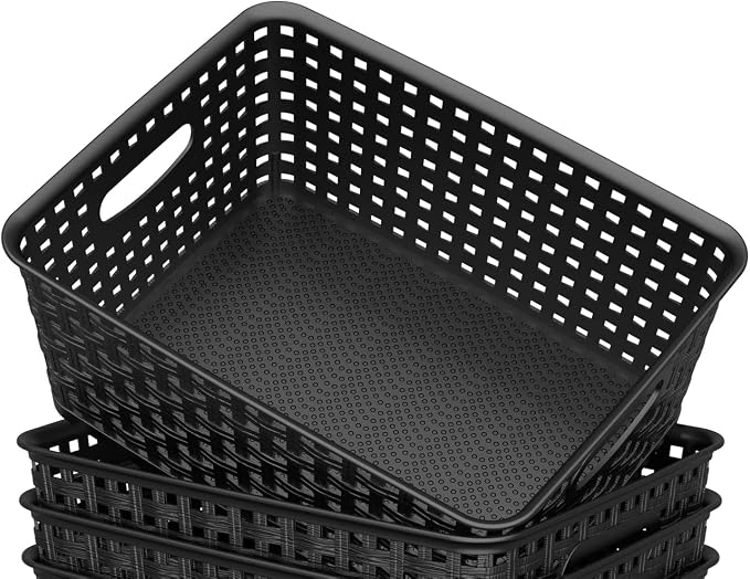 WYT 12-Pack Plastic Small Shelf Storage Weave Baskets for Organizing, Black