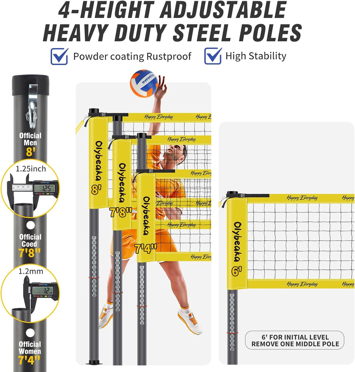 Portable Outdoor Volleyball Net Set System for Backyard Beach with Heavy Duty Poles, Durable Net, PU Volleyball & Pump, Carry Bag