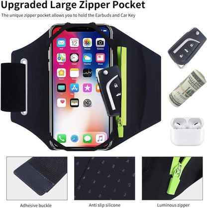 Detachable & 360° Rotatable Running Armband -with Reflective Strap Zipper Pocket & Earphone Bag for iPhone 16 15 14 Pro Max Plus Samsung Galaxy – Workout Exercise Phone Holder with Card Key Slot