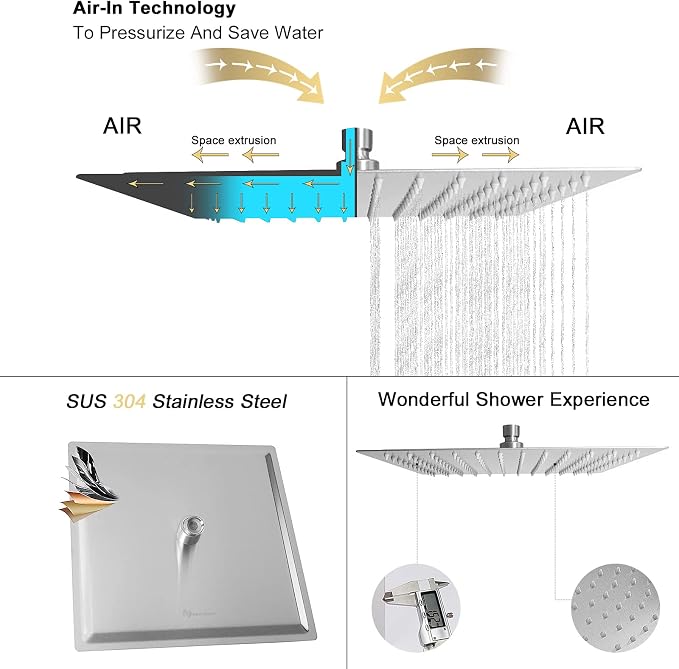 NearMoon Rain Shower Head, High Flow Stainless Steel Square Rainfall Shower, High Pressure Design, Awesome Shower Experience Even At Low Water Flow (10 Inch, Brushed Nickel)