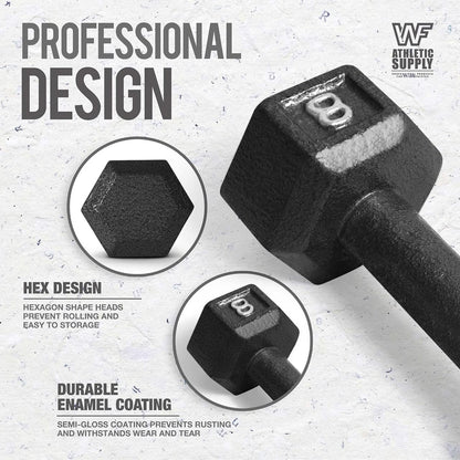 WF Athletic Supply Cast Iron Solid Hexagon Gray/Black Dumbbells, Strength Training Free Weights Set of 2 for Women and Men, Hand Weights Sold by Pairs, Multi-Select Size Options Available