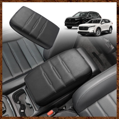 Muslogy Center Console Cover Compatible with 23 24 2025 2026 Honda CR-V Accessories CRV Hybrid LX EX EX-L Sport Touring Armrest Cover Lid Cushion Protector Vegan Leather Extra Soft(Black/White Trim)