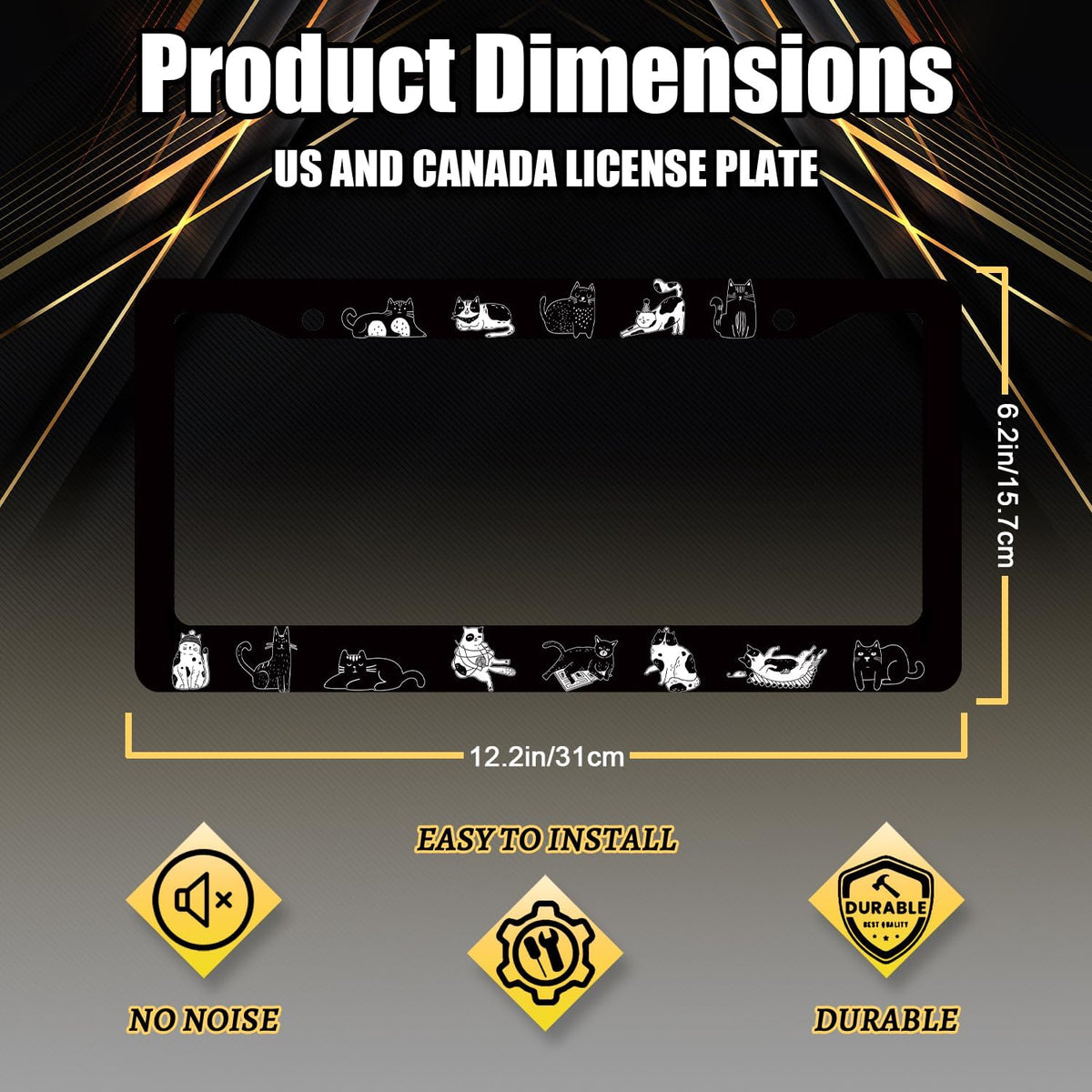 Cats License Plate Frame Cute Animal Cat License Plate Holder Stainless Steel Funny Design Compatible with Standard License Plate for USA Canada 12.3" x 6.3" with 2 Screws