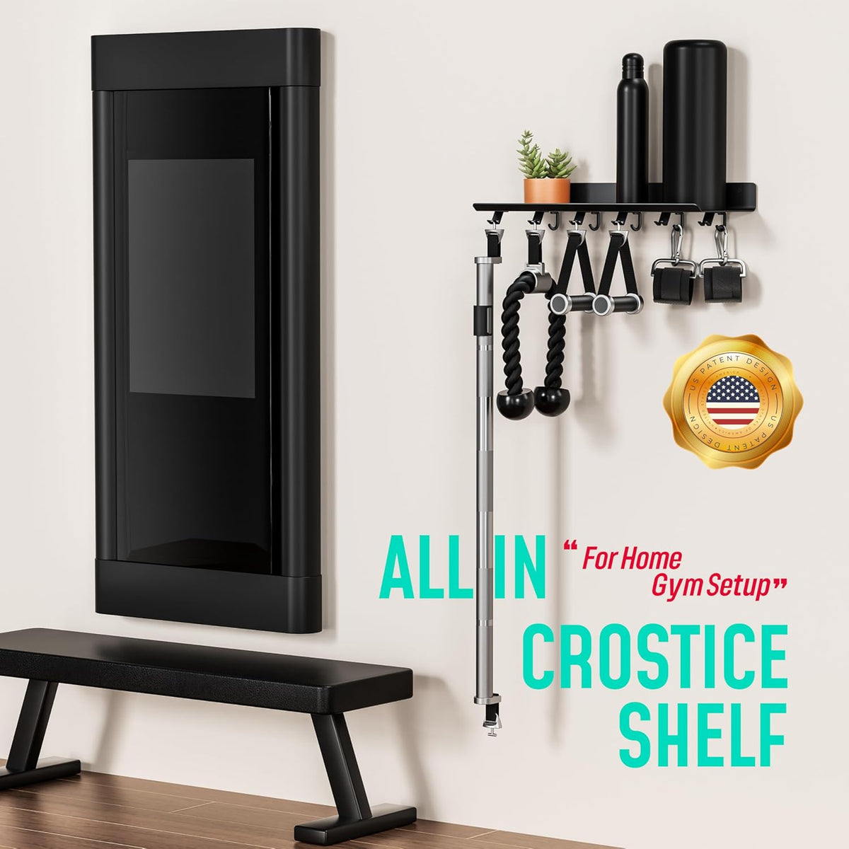 1-Tier Floating Shelf Compatible with Tonal Accessories, Home Gym Storage Shelf, Gym Rack Wall Mount Organizer, Workout Metal Holder, T-Bracket Lock Adapters Hanger, US Patent Holding