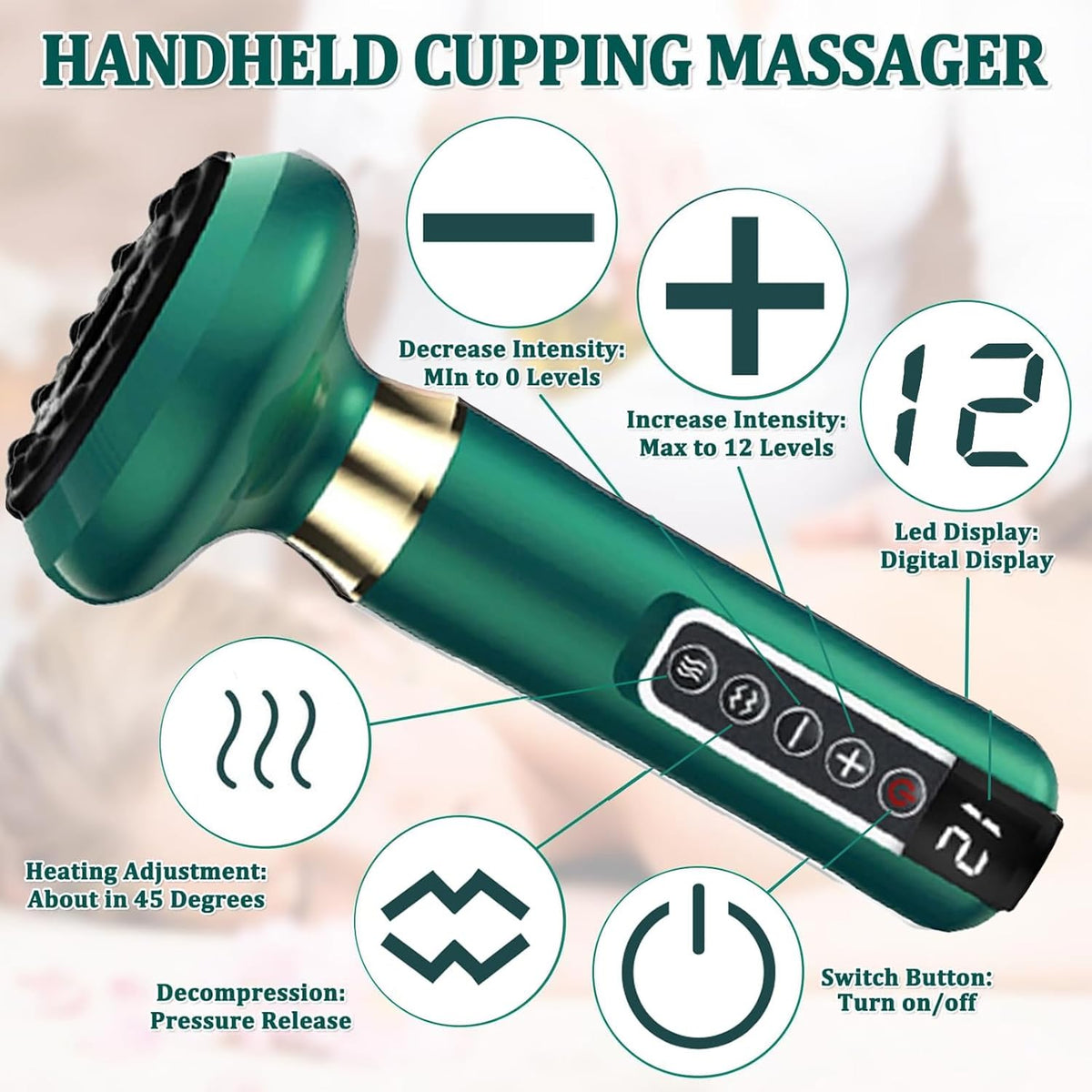 VHV Cellulite Massage Tool-Cupping Kit for Massage Therapy、Lymphatic Drainage Massager、12 Speed Adjustable Suction Cupping Therapy Set, Belly, Thighs, Arms, Butt.（Green