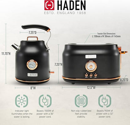 Haden Dorset 1.7 Liter Stainless Steel Electric Kettle with 360-Degree Base Bundled with 2 Slice Wide Slot Stainless Steel Toaster, Black & Copper
