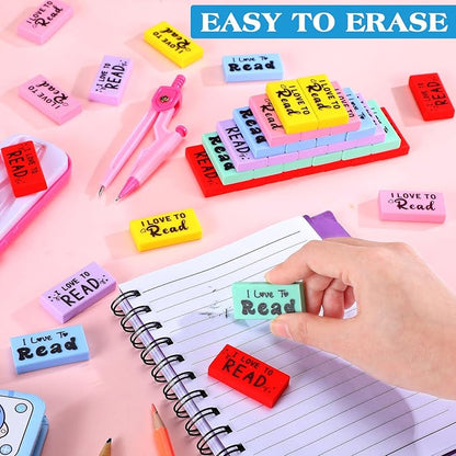 Dunzoom 100 Pcs Inspirational Erasers for Kids Back to School Gifts I Love to Read Small Colorful Pencil Erasers for Students Classroom Cute Motivational Gift for Drawing School Office Supplies
