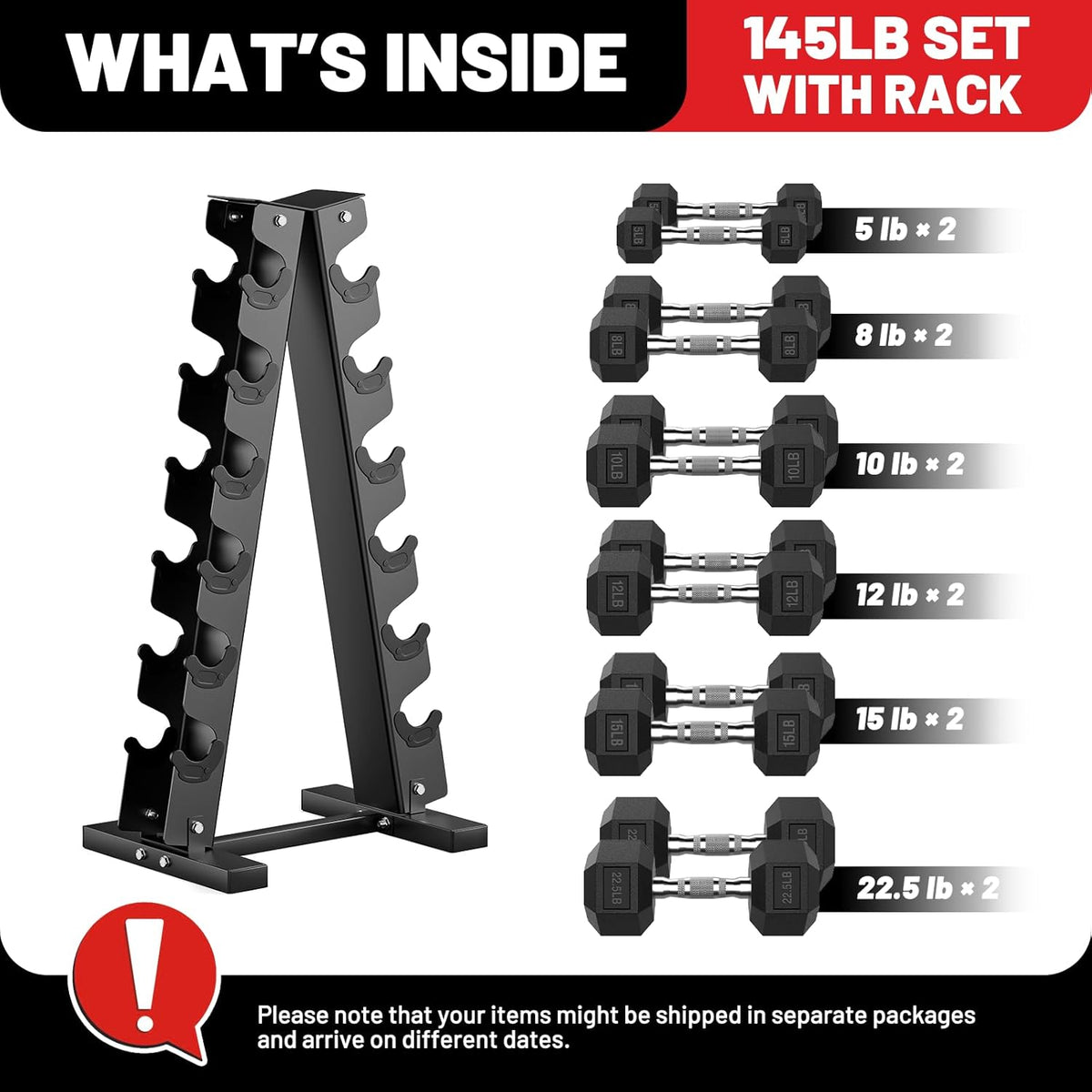 PAPABABE Hex Dumbbell Sets with Rack, 60-550lb Rubber Coated Dumbbell Weight Set and Storage Rack, Multiple Options Hand Weights for Strength Training