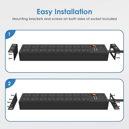 JUNNUJ Heavy Duty 20 Amp Power Strip 4800J, 16 Outlets 12 Gauge Garage Industrial Surge Protector, High Amp 5-15P Adapter Shop 6-20R T-Slot Metal Outlet, 15 FT Extension Cord Commercial for Appliance