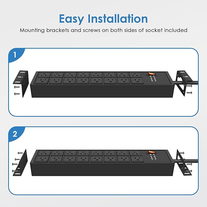 JUNNUJ Heavy Duty 20 Amp Power Strip 4800J, 16 Outlets 12 Gauge Garage Industrial Surge Protector, High Amp 5-15P Adapter Shop 6-20R T-Slot Metal Outlet, 10 FT Extension Cord Commercial for Appliance