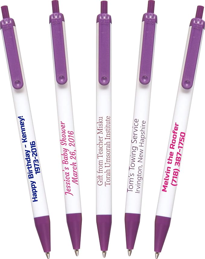 USA Made, Personalized Writing Ink Ballpoint Novelty Pens, Custom Printed with Your Logo & Text (Pack of 1,000 White Pens with Purple Trim)