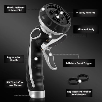 RESTMO Hose Nozzle with Easy Self-Lock Trigger, Heavy Duty Metal Water Hose Sprayer with 9 Spray Patterns and On/Off Valve, Ideal for Outdoor Lawn & Garden Watering, Car & Pet Washing, Silver