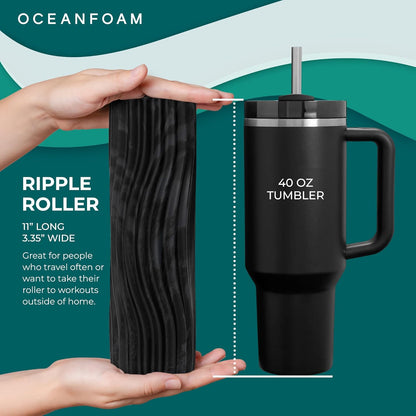 Oceanfoam Ripple Travel Foam Roller (11" x 3.35") Firm Mini Foam Roller for Physical Therapy, Deep Tissue Massage, Back Pain - High Density, Wave Textured - Yoga, Exercise (Black & Charcoal Marbled)