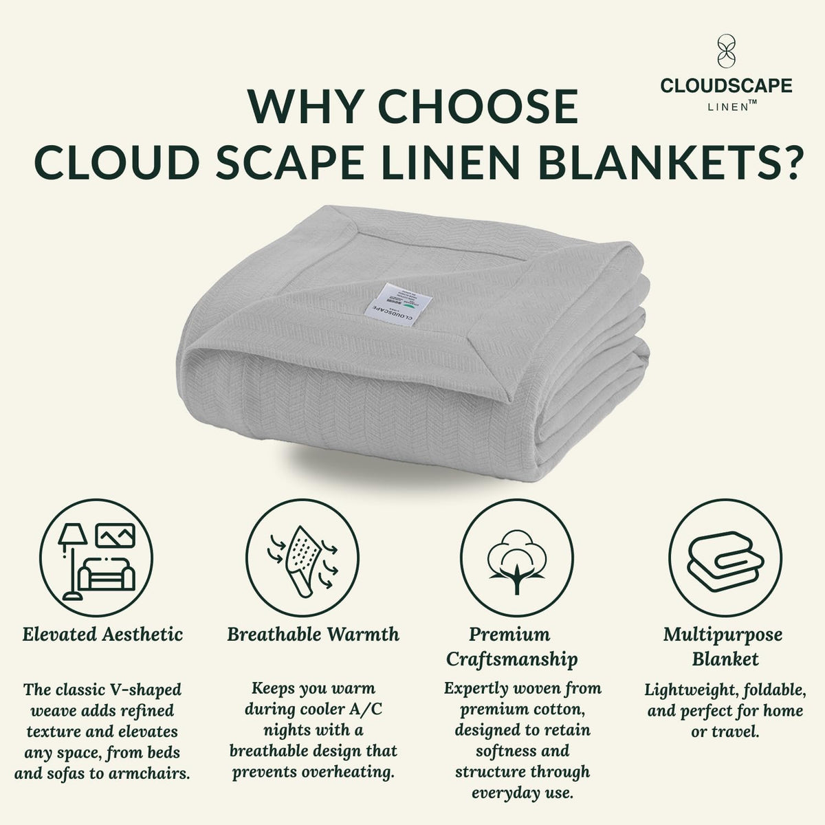 Herringbone Cotton Twin Blanket for Couch, Bed,Sofa, Home Decor, Soft, Lightweight, All-Season Bed Blanket, 68 x92, Light Grey