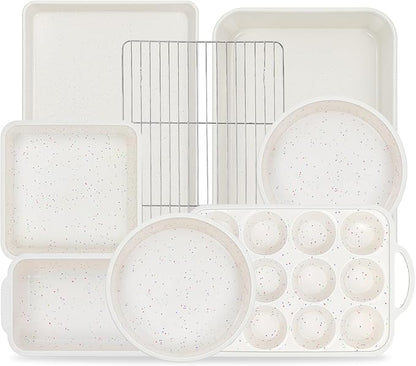 Vinino 8-Piece Baking Pans Set Nonstick, Bakeware Set includes Silicone Muffin, Loaf, Cake Pans with Metal Reinforced Frame, and Carbon Steel Roasting Pan, Cookie Sheet, Cooling rack for Oven-Cream