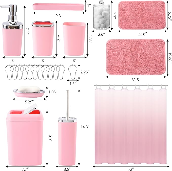 Bathroom Accessory Set–Bathroom Sets with Shower Curtain and Rugs, Non Slip Bathroom Rugs Super Absorbent, Pink Ombre Waterproof Shower Curtain with Hooks, Pink Bathroom Sets Complete for Home