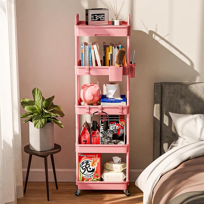Sorgion 5 Tier Rolling Cart Organizer,Bathroom Cart Organizers with Wheels Laundry Room Organization Mobile Shelving Unit Utility Cart Storage Shelves Multi-Functional for Office, Home(Pink)