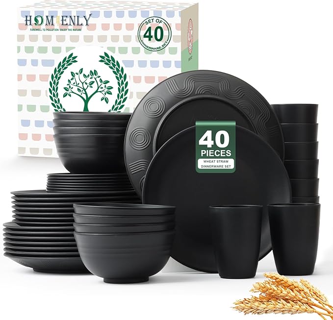 Homienly 40-Pieces Wheat Straw Dinnerware Set, Kitchen Plastic Wheat Straw Dinnerware Set - Service for 8, Unbreakable Lightweight Dish Set for Kitchen, Camping - Plates Set, Bowls, Cups Set(Black)