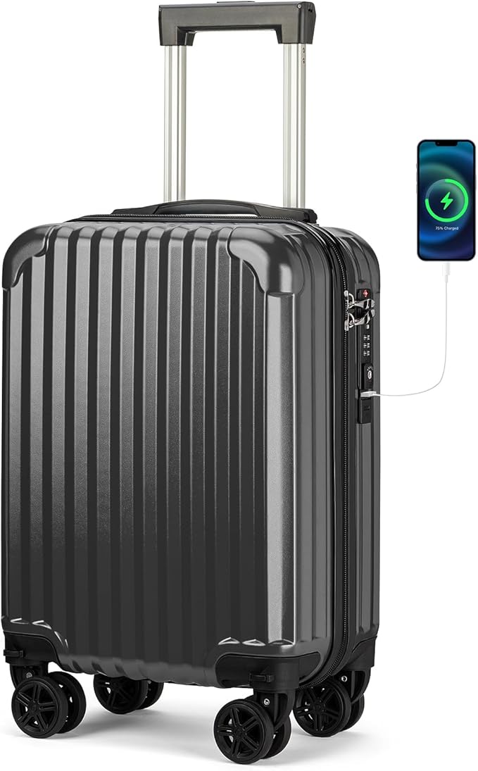 Personal Item Small Suitcase 18x14x8 Inches Hardside Built In TSA Lock & USB Port Lightweight Luggage With Removable Silent Wheels Underseat Carry-On Bag For Spirit and Frontier (Black)