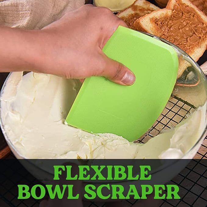 SURDOCA Dough Scraper Bench Scraper - 3P 9.5x6.1" Plastic Flexible Bowl Scraper, Sharp Edge & Angles Cake Scraper. Non-Slip Bakeware Decorating Tools Sculpting & Modeling Tools - Yellow+Green+Yellow