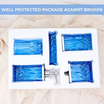 Bathroom Accessories Set,5 Pcs Blue Glass Bathroom Accessory Set,Complete Lotion Soap Dispenser, Toothbrush Holder,Soap Dish,Tumbler & Jar,Modern Bathroom Decor Sets,Gift for Home Apartment,Square