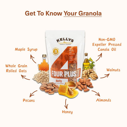 Kelly's Four Plus (Nutty) Healthy Granola Cereal with Whole Grain Oats, Honey, Maple Syrup - Non-GMO, Low Sugar, Sodium Free and Gluten Free Granola for Yogurt - 12oz (Pack of 4)