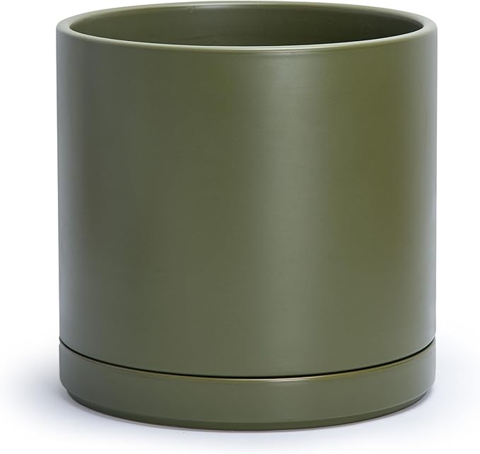 D'vine Dev 12 Inch Ceramic Planter Pot with Drainage Hole and Saucer, Indoor Cylinder Round Planter Pot, Olive, 94-O-F-J