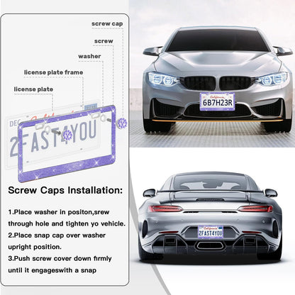 2 Pack License Plate Frames for Women, Sparkly Rhinestone Diamond Car Accessories with Glitter Crystal Caps (Purple (2PCS))