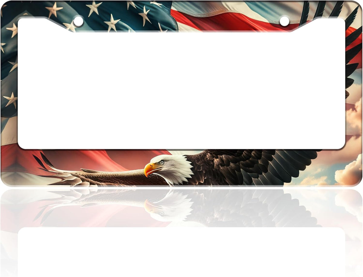 American Flag Eagle License Plate Frame Patriotic Stainless Steel License Plate Holder for Front or Rear Car Tags Funny for Car Decoration Accessories with Screws 6.3 X 12.2 in for Women Men
