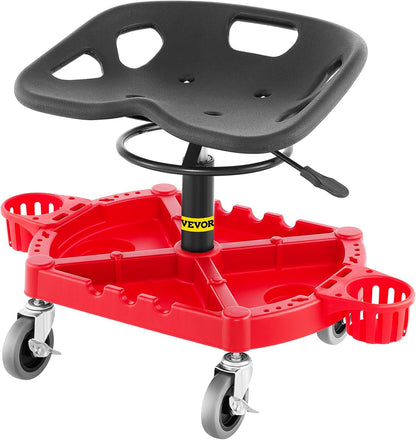 VEVOR Rolling Garage Stool, 300LBS Capacity, Adjustable Height from 18 in to 23 in, 360-degree Swivel Wheels (4"), Large Tool Tray with Two Bottle Holder, for Workshop, Auto Repair Shop, Red