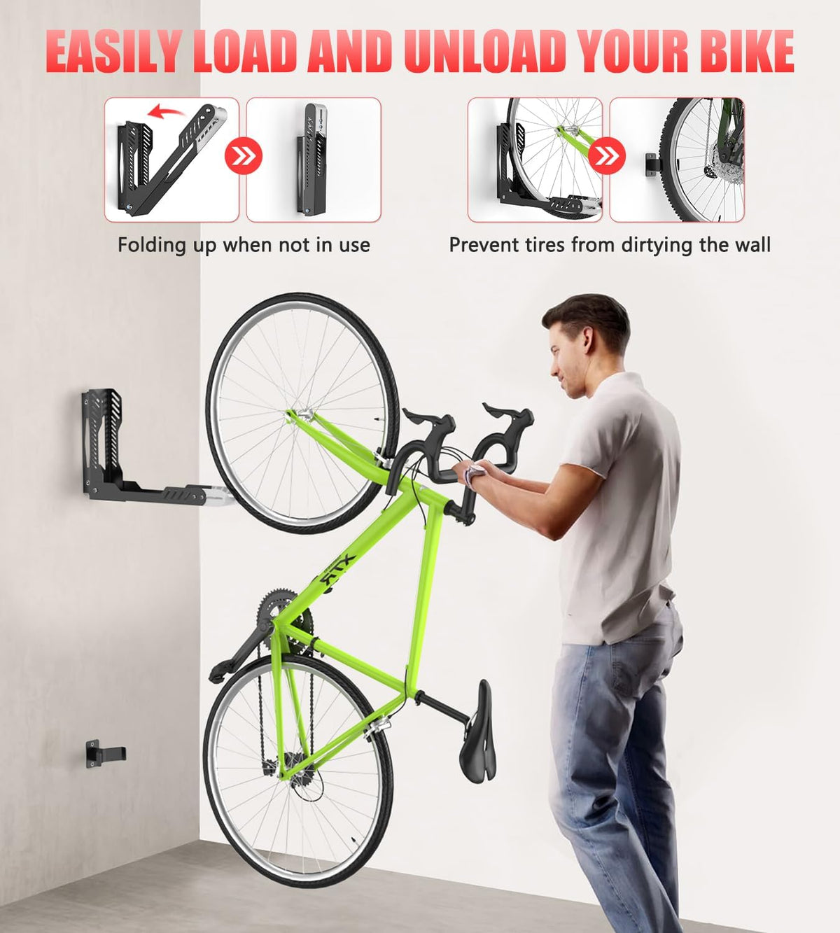 Bike Wall Mount 2 Pack Swivel Bike Rack for Garage, No Heavy Lifting Required Wall Bike Hangers Can Holds up to 77 lbs, Black