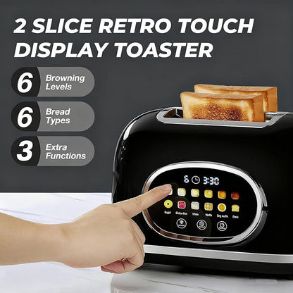 Roter Mond 2 Slice Toaster Smart Touch Screen, Retro Stainless Steel Bread Toaster with Digital Timer, Sleep Mode, Bagel, Cancel, and Defrost Functions, 6 Bread Types and Shade Settings, Black