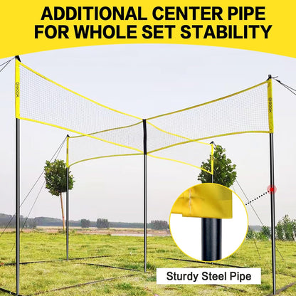 GOOX 4 Square Volleyball Net Game Set, 14 FT 4-Way Volleyball Net for Backyard Beach Lawn, Portable Four Square Volleyball Net for Adults & Youths with Vollyball, Pump, Carry Bag