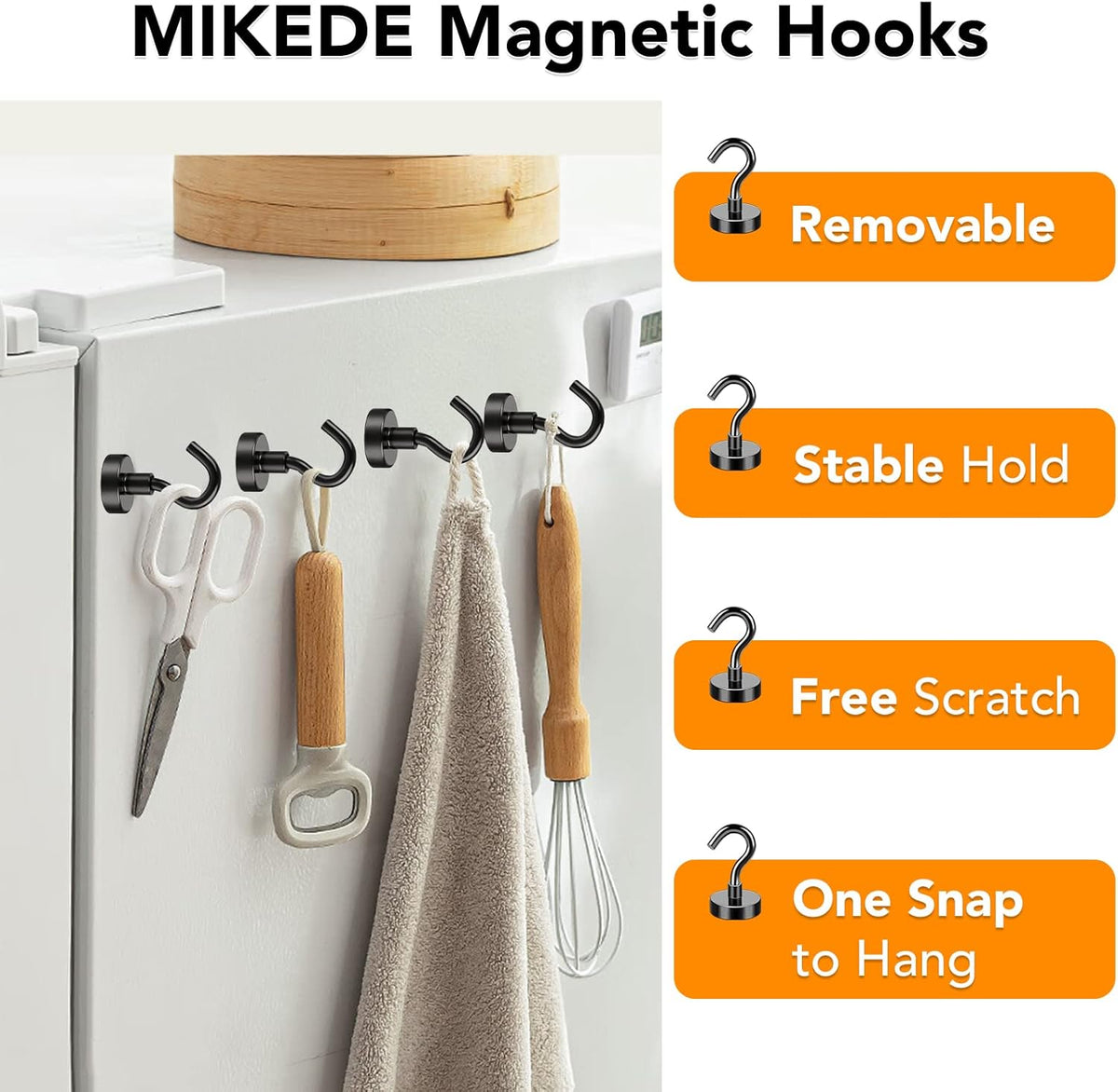 MIKEDE Black Magnetic Hooks Heavy Duty, 28Lbs+ Strong Neodymium Magnets with Metal Hooks for Refrigerator,Super Cruise Hooks for Hanging, Kitchen, Storage - Pack of 130