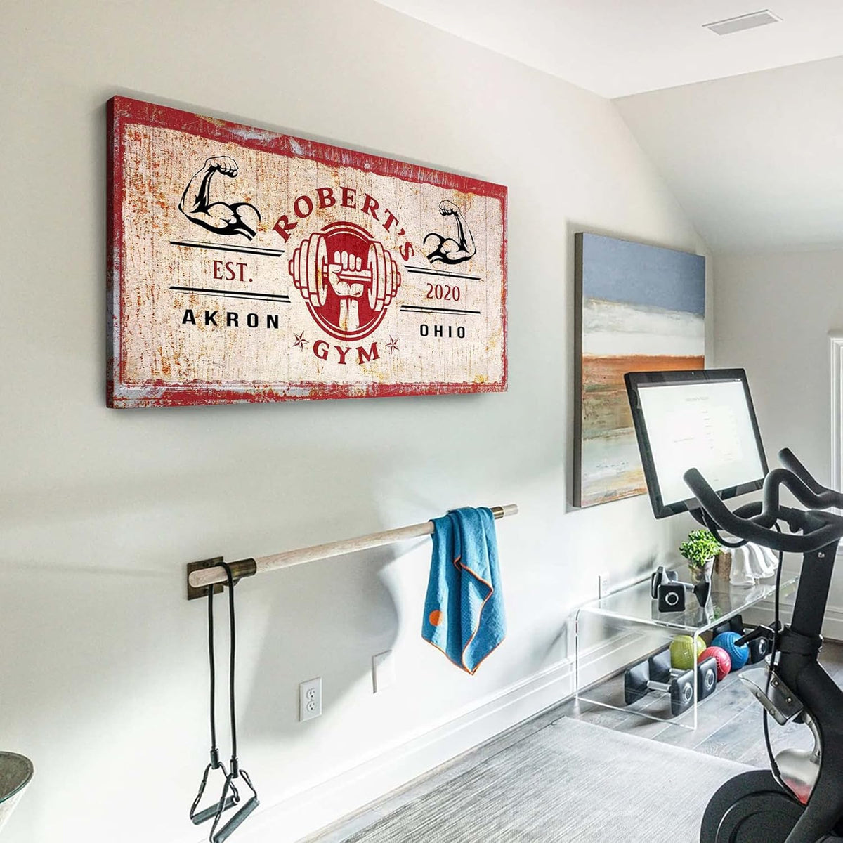 Tailored Canvases Personalized Gym Sign Wall Art Decor - Motivational Canvas for Home Gym, Workout Room, Garage, Fitness Center - Workout Inspirational Posters - One Hand Dumbbell on Rustic Red, 60x30in