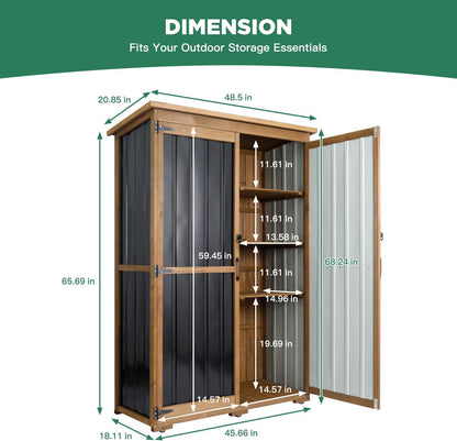 Outdoor Storage Cabinet Wood & Metal, Storage Shed Waterproof Double Lock for Anti-Theft Removable Shelves Adjustable Feet Wooden Floor for Patio, Garden, Lawn Pool Storage, 46" X 18" X 68"