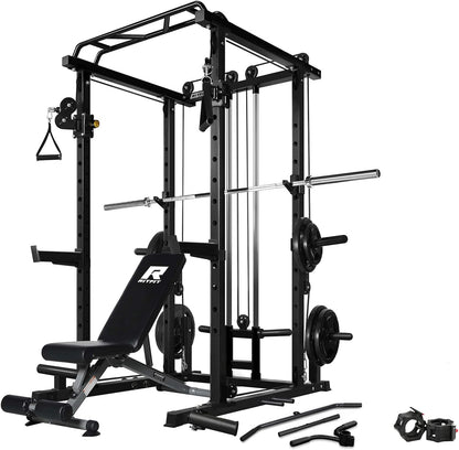 RitFit Multi-Function Squat Rack Power Cage PPC03 with Cable Crossover System, 1000LBS Capacity Power Rack and Packages with Optional Weight Bench, Barbell Weight Set, for Garage Workout & Home Gym