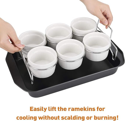 Creme Brulee Making Set - 6 Porcelain Ramekins 6 oz, 304 Stainless Steel Lifting Rack, 9" X 13" Bottom Pan