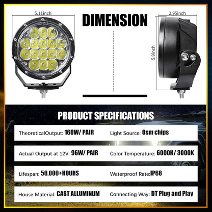 EXZEIT 160W 5 Inch Driving Lights,11200 Lumens Round Fog Lights Offroad Lights for Jeep Wrangler Trucks Toyota Pickup SUV ATV, Diffuser Covers and Yellow Covers Changeable, 12V/24V