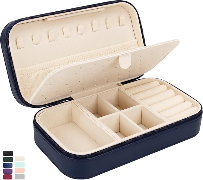 DesignSter Travel Jewelry Box, PU Leather Portable Jewelry Case, Small Jewelry Boxes for Gifts, Travel Jewelry Organizer for Women Rings Earrings Necklaces Bracelets (Dark Blue)