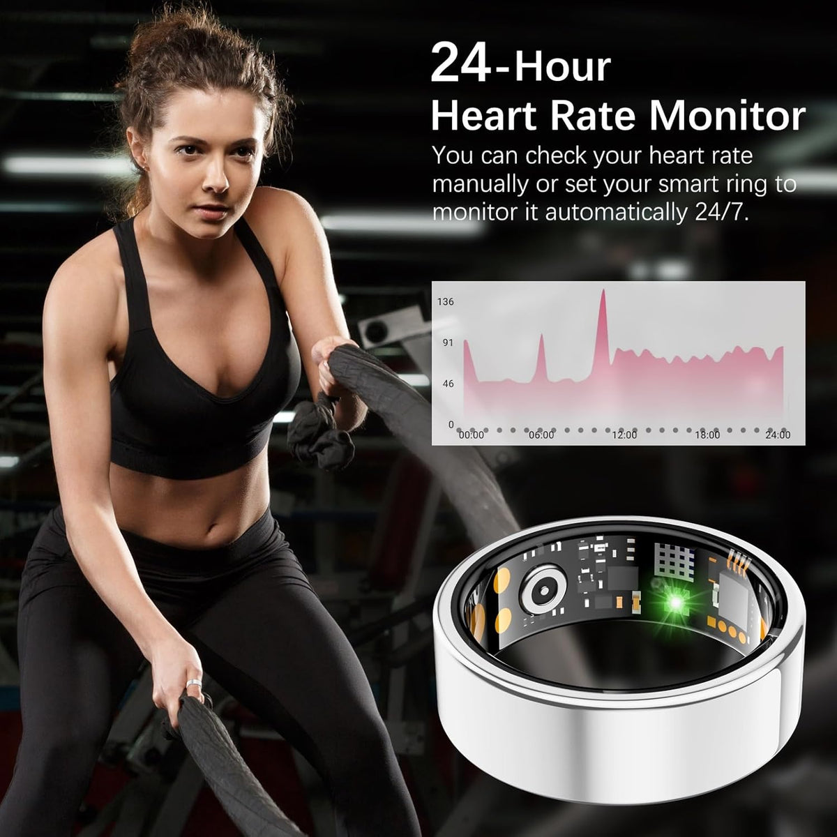 Ring Health Tracker for Women Men, Fit Ring with Heart Rate, Blood Oxygen, Sleep Monitor, Calories, Step Counter, IP68 Waterproof Smart Ring for iPhone & Android, No Subscription Fee (Silver, 12#)