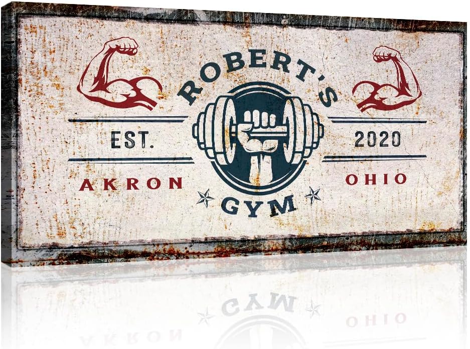Tailored Canvases Personalized Gym Sign Wall Art Decor - Motivational Canvas for Home Gym, Workout Room, Garage, Fitness Center - Workout Inspirational Posters - One Hand with Dumbbell on Rustic, 60x30in