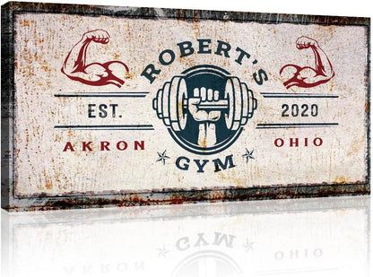 Tailored Canvases Personalized Gym Sign Wall Art Decor - Motivational Canvas for Home Gym, Workout Room, Garage, Fitness Center - Workout Inspirational Posters - One Hand with Dumbbell on Rustic, 48x24in