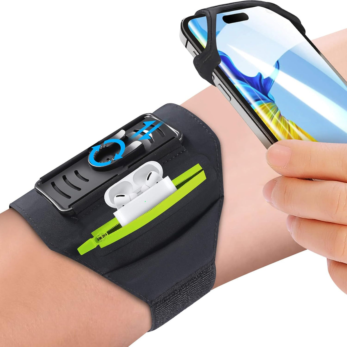 Detachable & 360° Rotatable Running Armband -with Reflective Strap Zipper Pocket & Earphone Bag for iPhone 16 15 14 Pro Max Plus Samsung Galaxy – Workout Exercise Phone Holder with Card Key Slot