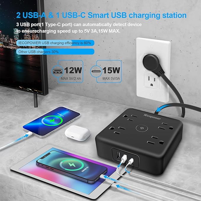 2 Pack Ultra Flat Plug Power Strip,Power Strips with Surge Protection-4 Widely Outlets,6 ft Flat Plug Extension Cord with 3 USB Ports(1 USB C Port),Slim Desk Charging Station,Black