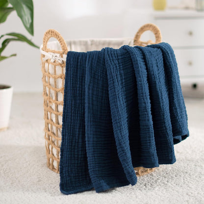 Carriediosa 100% Cotton Muslin Throw Blanket 70" X 80" Twin Size，4-Layers Summer Gauze Throws for Bed Couch，Soft Lightweight Breathable Linen Blankets Bedspread for Adults All Season，Navy Blue