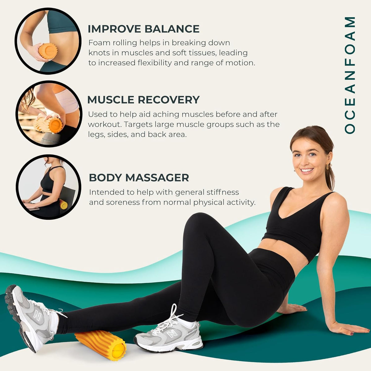 Oceanfoam Ripple Travel Foam Roller (11" x 3.35") Firm Mini Foam Roller for Physical Therapy, Deep Tissue Massage, Back Pain - High Density, Ergonomic Wave Textured - Yoga, Pilates, Exercise (Gold)