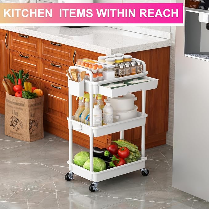 Goovilla 3 Tier Rolling Utility Cart Organizer with Removable Drawer, Stable and Sturdy White Rolling Storage Carts with 2 Lockable Wheels for Bathroom, Kitchen, Snack, Craft, Makeup, Baby Essentials