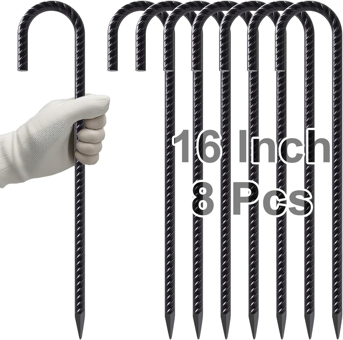 VVOKGO Rebar Stakes 16 Inches J Hook Heavy Duty Chain Link Fence Stakes, 8 Pcs Metal Long Tent Spikes Ground Anchors for Wire Fencing, Dogs Digging, Camping Tents, Swings, Greenhouse, Black